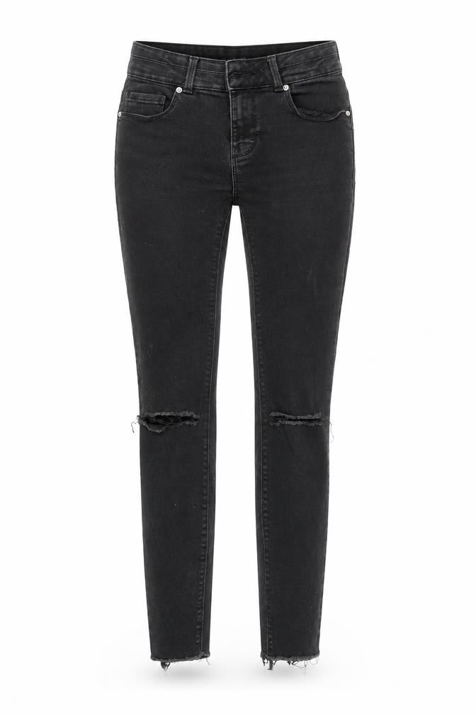 Front view of FB Sister Women's Black Skinny Distressed Stretch Jeans, size S