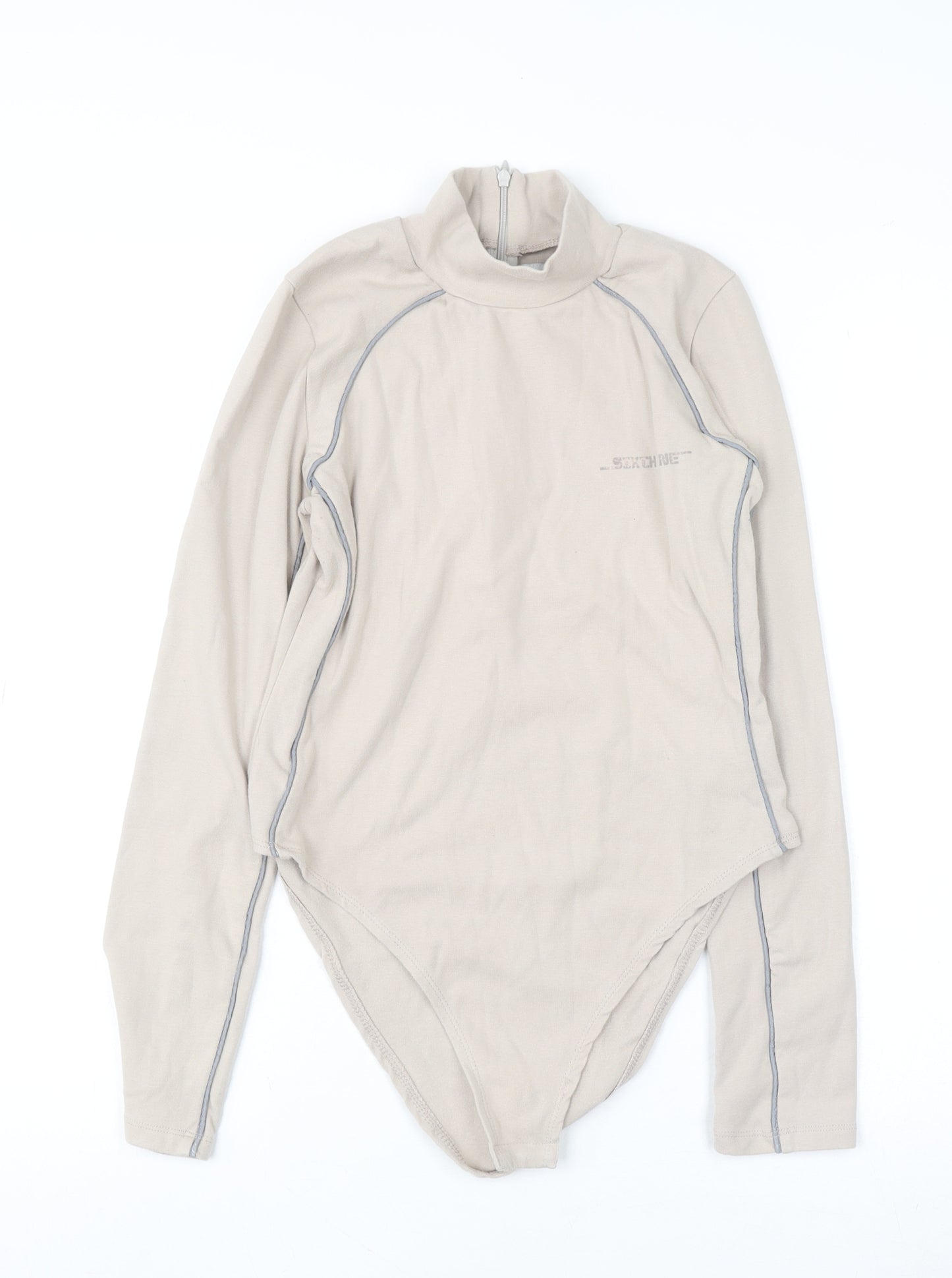 SIXTH JUNE Paris Beige Long Sleeve Bodysuit Women M Zip Neck