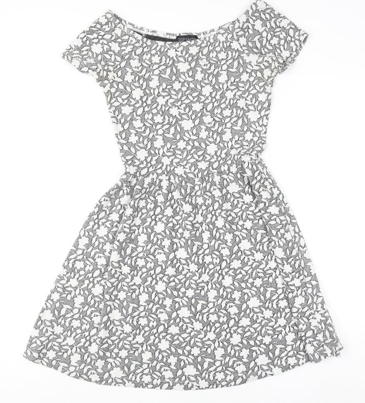 Topshop Women’s Grey Floral Skater Dress Size 8