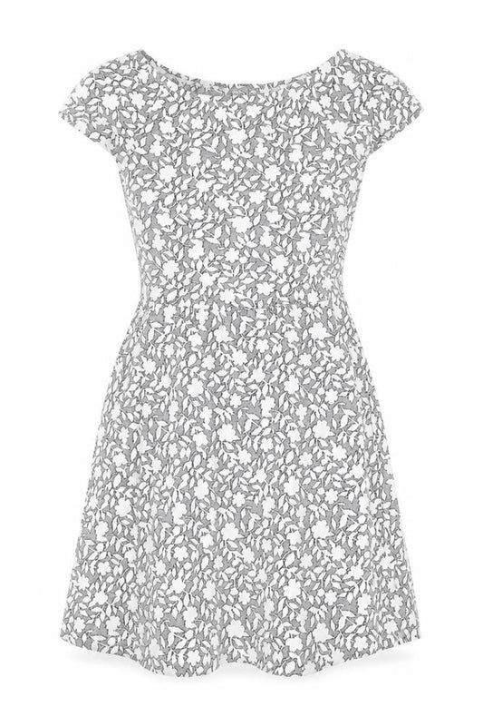 Front view of Topshop Women’s Grey Floral Skater Dress, size UK 8