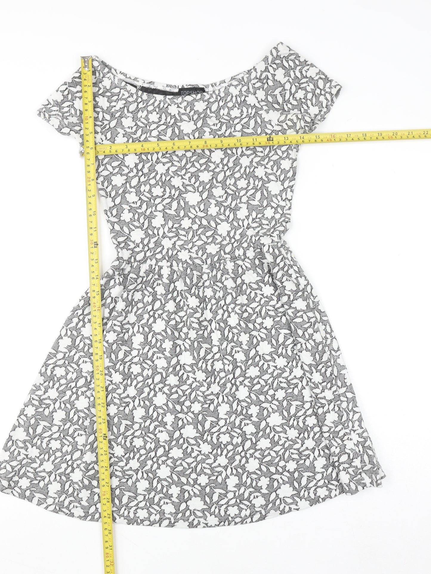 Topshop Women’s Grey Floral Skater Dress Size 8