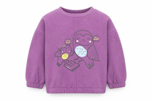 Front view of Dunnes Purple Owl Print Baby Jumper 12-18 Months unisex pullover