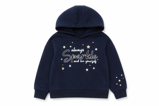 Front view of Primark girls’ blue sparkle hooded jumper 18-24 months