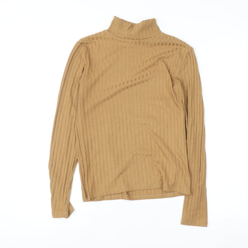 Topshop Women Brown Roll Neck Ribbed Long Sleeve Cotton Top Size 10