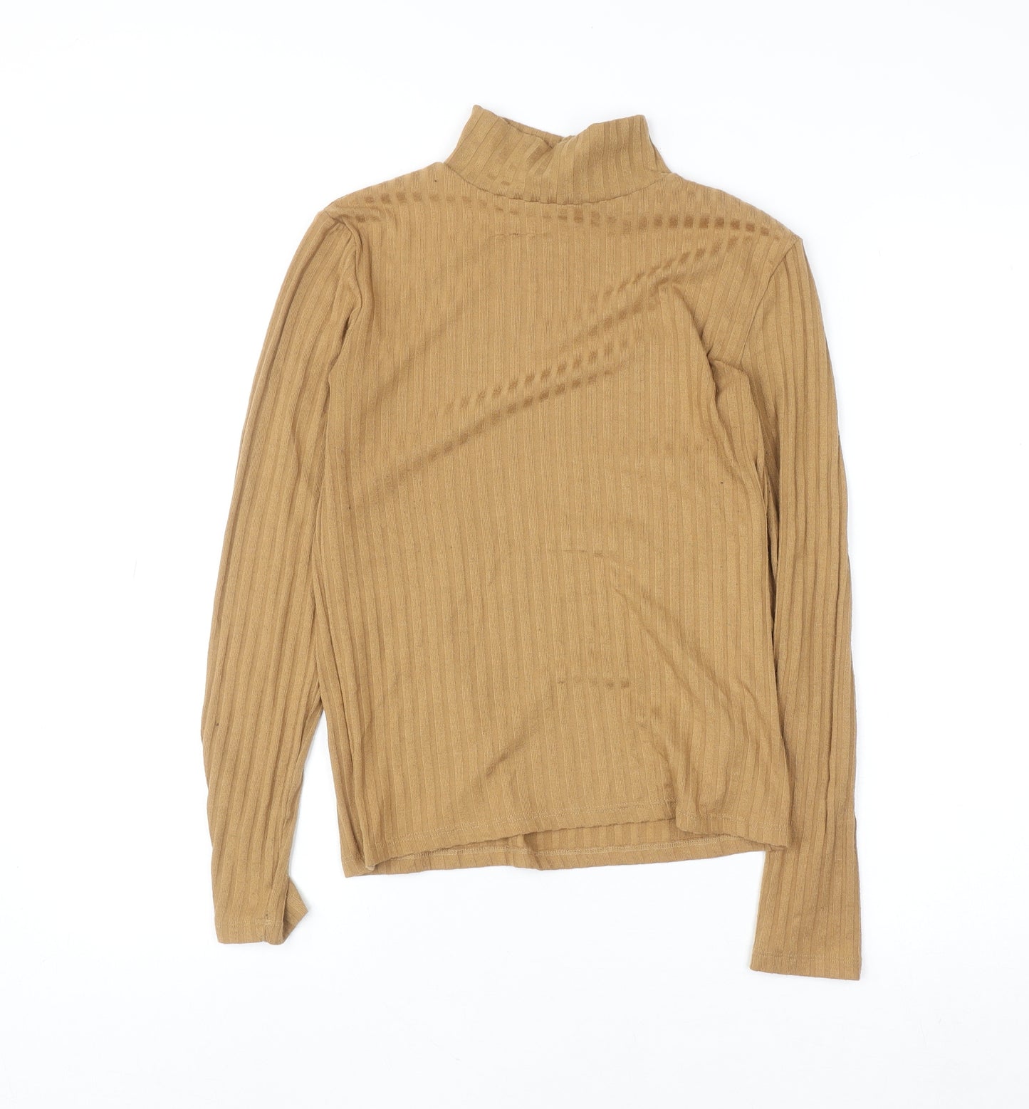 Topshop Women Brown Roll Neck Ribbed Long Sleeve Cotton Top Size 10