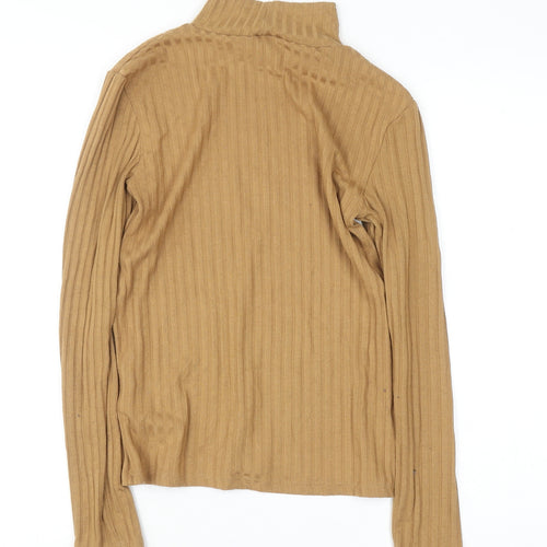 Topshop Women Brown Roll Neck Ribbed Long Sleeve Cotton Top Size 10
