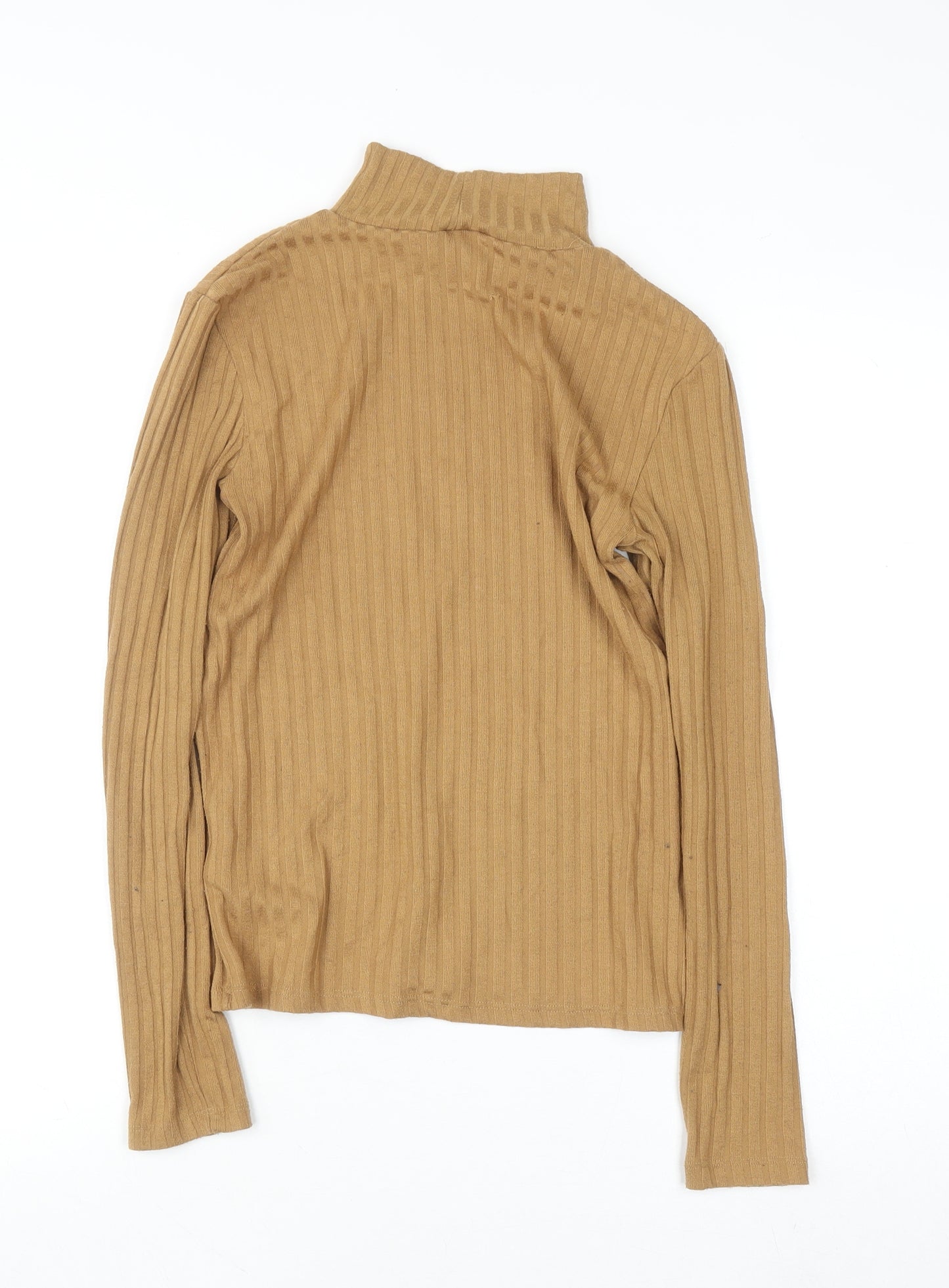 Topshop Women Brown Roll Neck Ribbed Long Sleeve Cotton Top Size 10