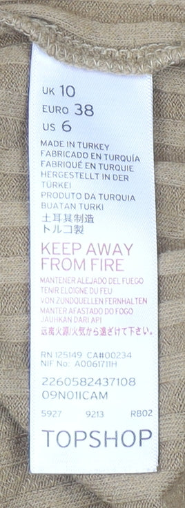 Topshop Women Brown Roll Neck Ribbed Long Sleeve Cotton Top Size 10