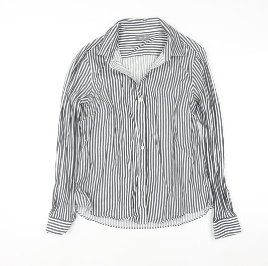 Jaeger Women Black White Striped Cotton Long Sleeve Button-Up Shirt UK12