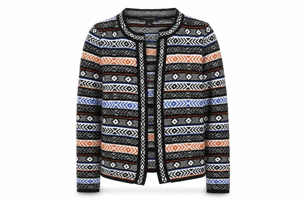 Front view of Atmosphere women’s multicoloured aztec knit open cardigan, size S