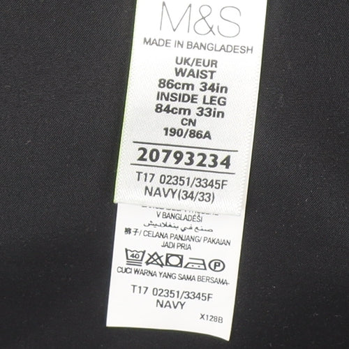 Marks and Spencer Men Navy Tailored Fit Dress Trousers 34W 33L