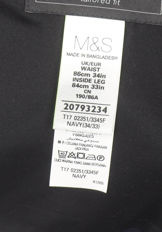 Marks and Spencer Men Navy Tailored Fit Dress Trousers 34W 33L