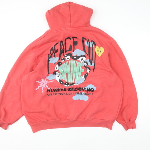 Bershka Men Red Graphic Pullover Hoodie Size S Retro Style