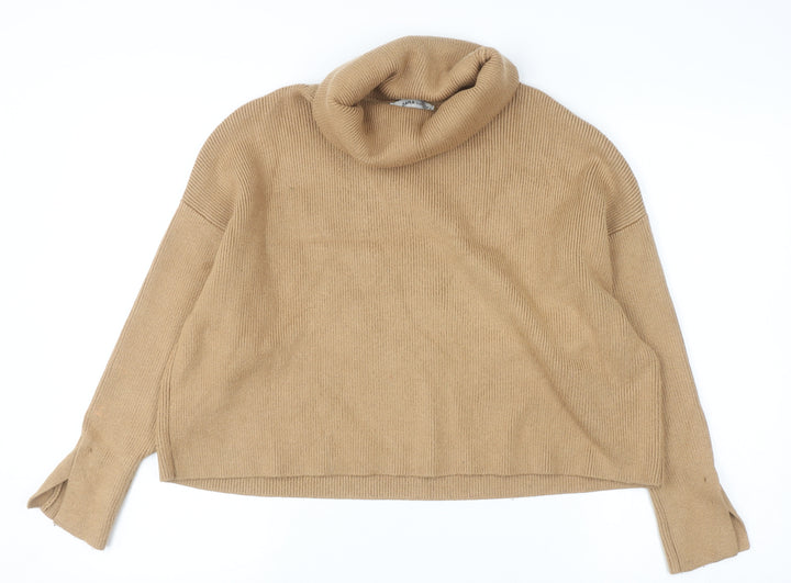 Zara Women Beige Roll Neck Knit Jumper Size 10 Relaxed Fit