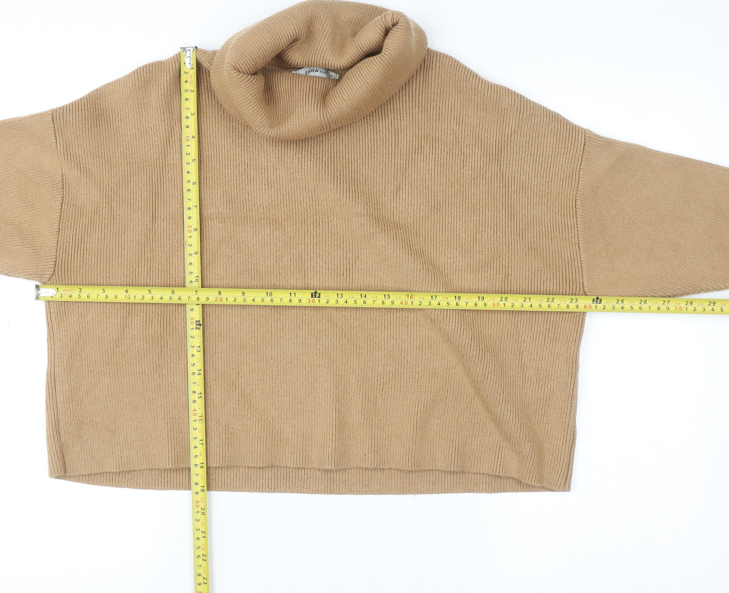 Zara Women Beige Roll Neck Knit Jumper Size 10 Relaxed Fit