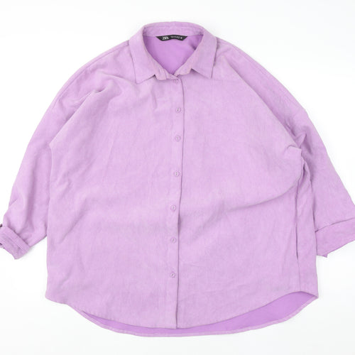 Zara Women's Purple Corduroy Button-Up Shirt Size 12 Collared Relaxed Fit