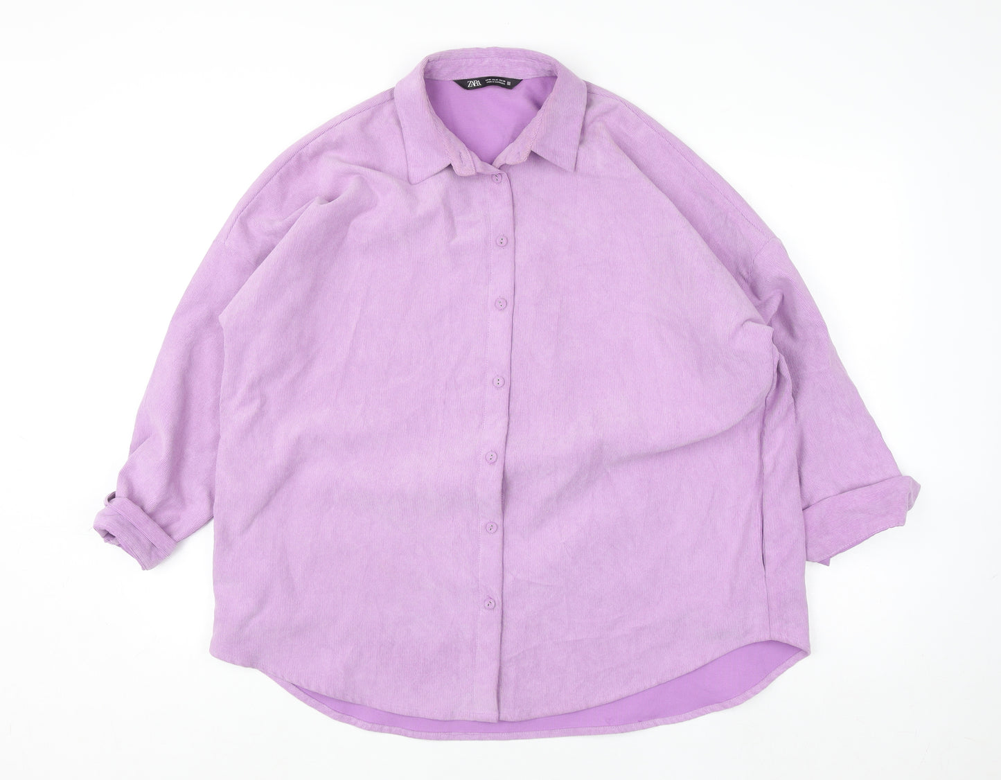 Zara Women's Purple Corduroy Button-Up Shirt Size 12 Collared Relaxed Fit