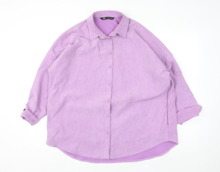 Zara Women's Purple Corduroy Button-Up Shirt Size 12 Collared Relaxed Fit