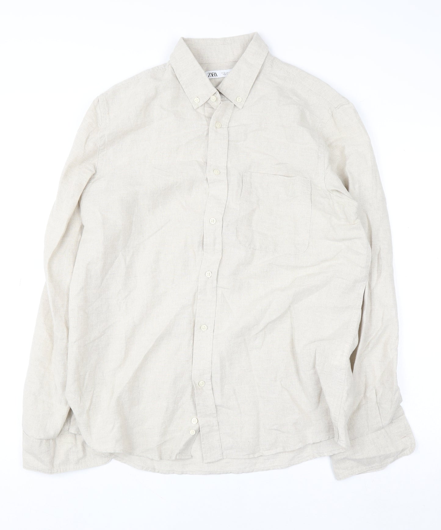 Zara Men Beige Linen Cotton Long Sleeve Button-Up Shirt M