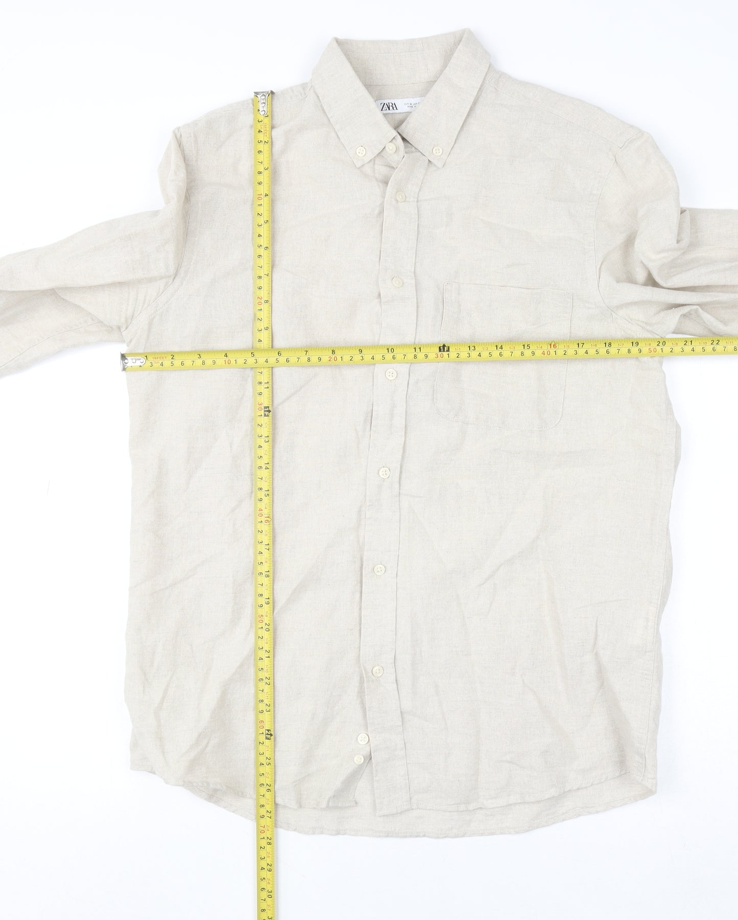 Zara Men Beige Linen Cotton Long Sleeve Button-Up Shirt M