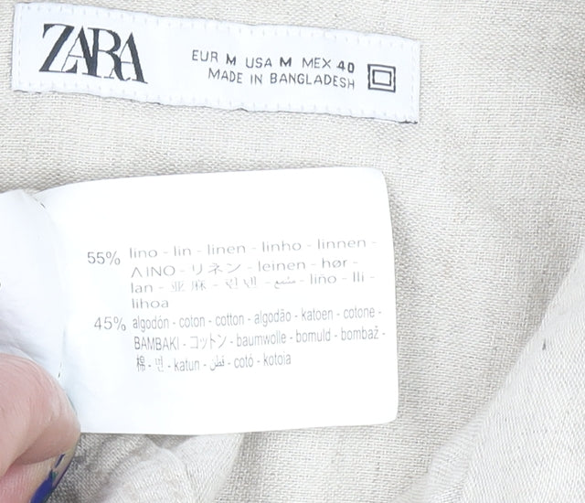 Zara Men Beige Linen Cotton Long Sleeve Button-Up Shirt M