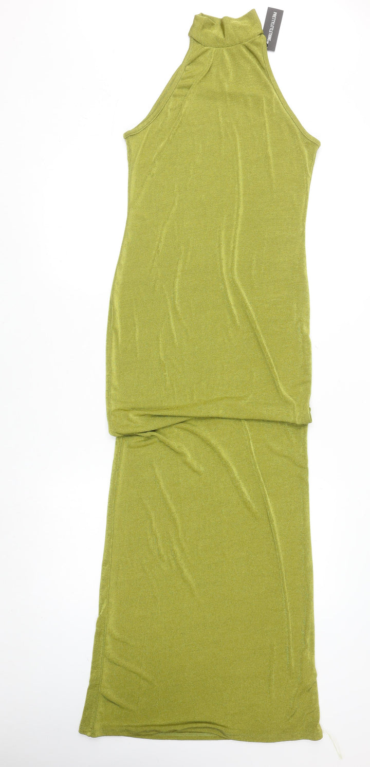 PrettyLittleThing Women’s Green Bodycon Maxi Sleeveless High Neck Dress Size 12
