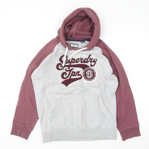 Superdry Men's Grey Burgundy Pullover Hoodie Size M Graphic Sweatshirt