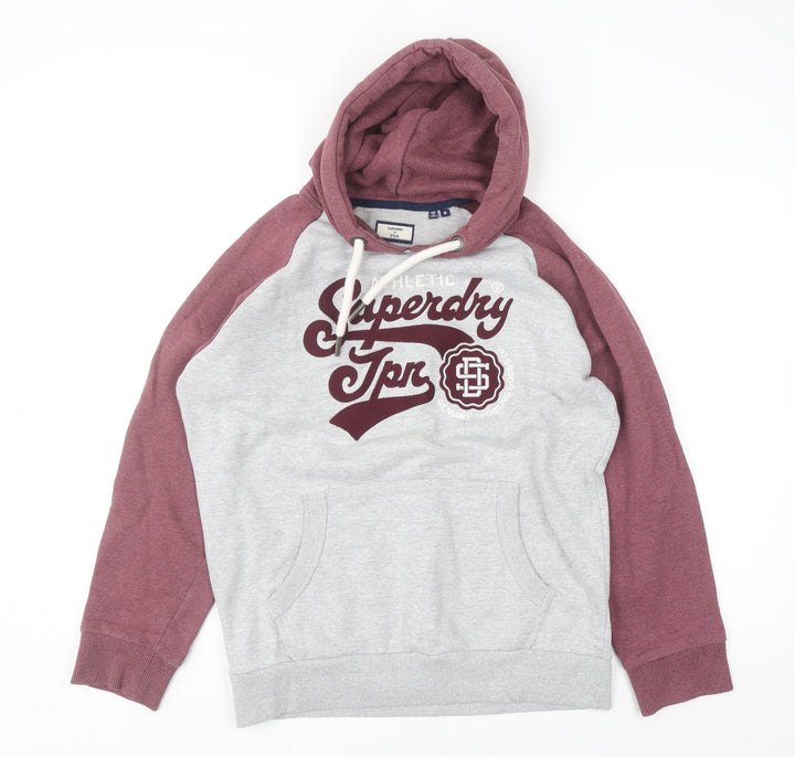 Superdry Men's Grey Burgundy Pullover Hoodie Size M Graphic Sweatshirt