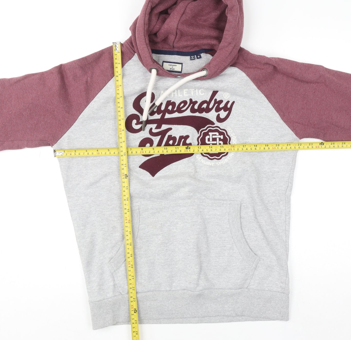Superdry Men's Grey Burgundy Pullover Hoodie Size M Graphic Sweatshirt