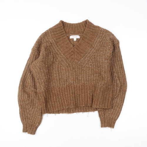 Marks and Spencer Women’s Brown Chunky-Knit V-Neck Jumper Size S