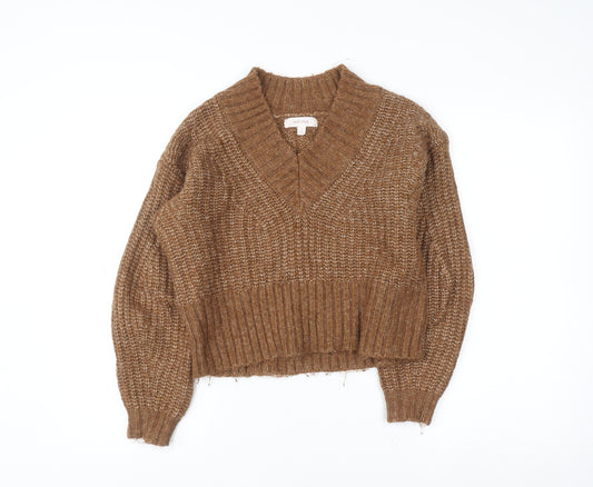 Marks and Spencer Women’s Brown Chunky-Knit V-Neck Jumper Size S