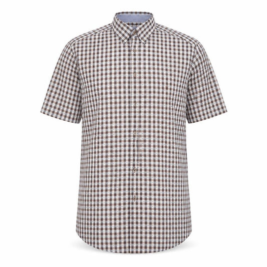 Front view of DG’s Drifter Men’s Brown Checked Short Sleeve Button-Up Shirt M
