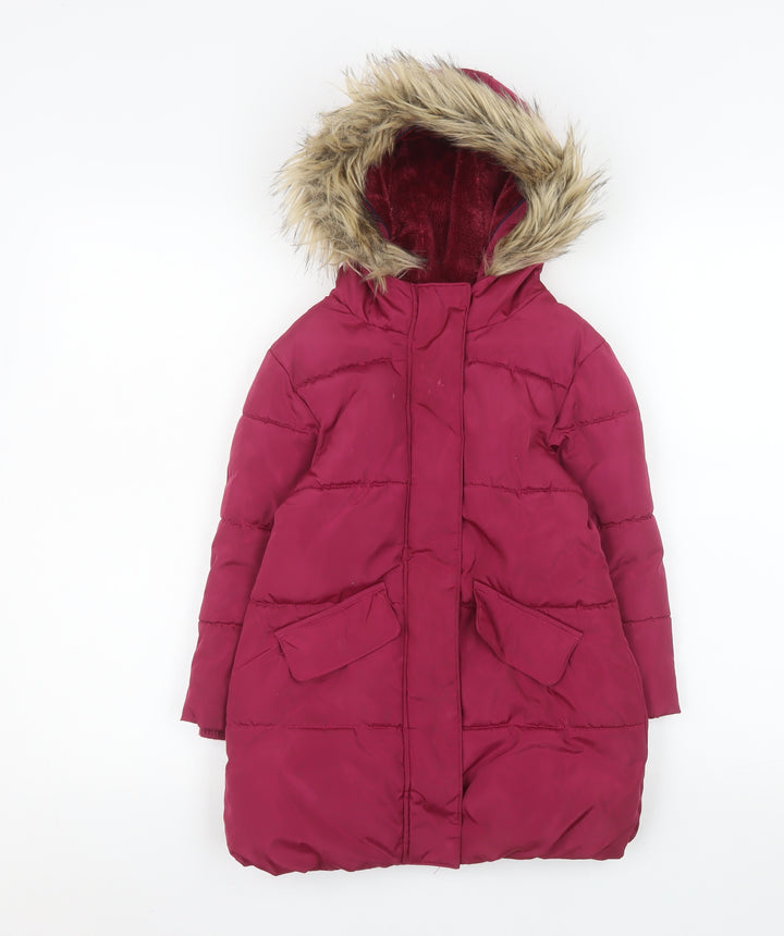 John Lewis Girls Red Hooded Fur Trim Long Puffer Coat Age 5 Years