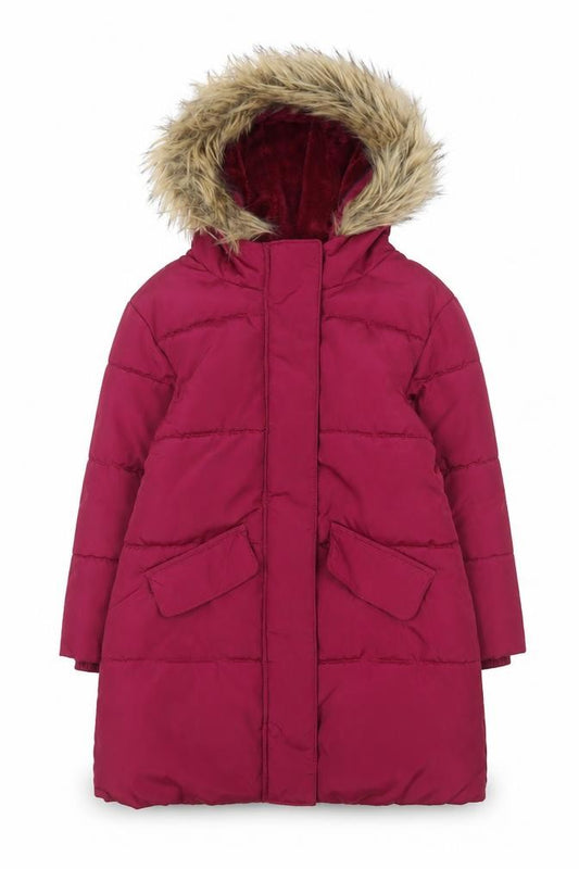 John Lewis Girls Red Hooded Fur Trim Long Puffer Coat Age 5 Years