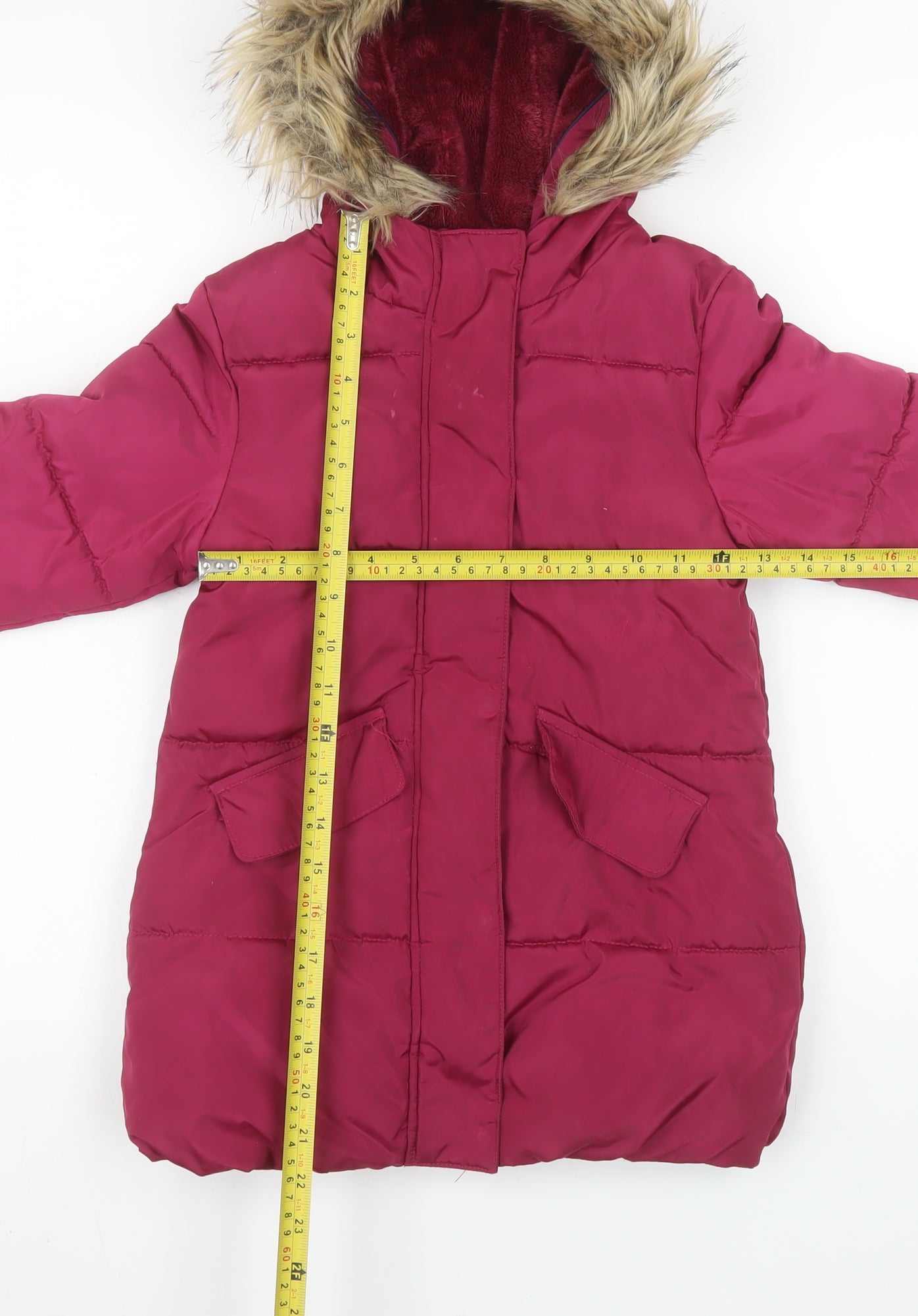 John Lewis Girls Red Hooded Fur Trim Long Puffer Coat Age 5 Years