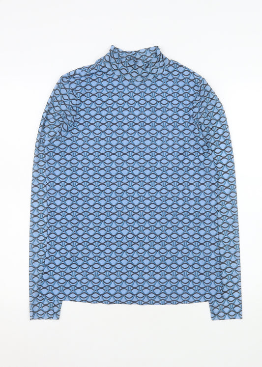 Gallery Women Blue Geometric Mock Neck Long Sleeve Mesh Top Size 14