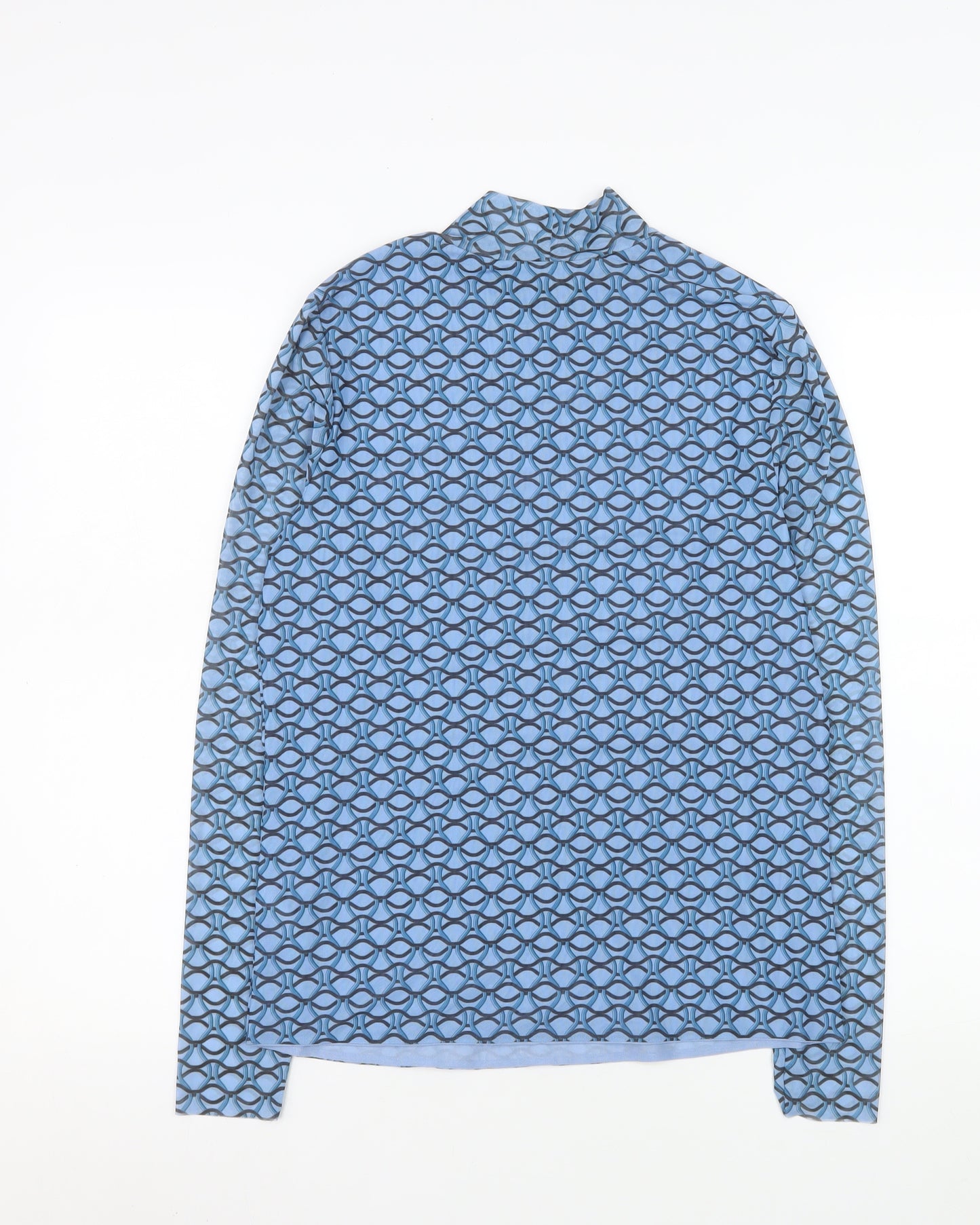 Gallery Women Blue Geometric Mock Neck Long Sleeve Mesh Top Size 14