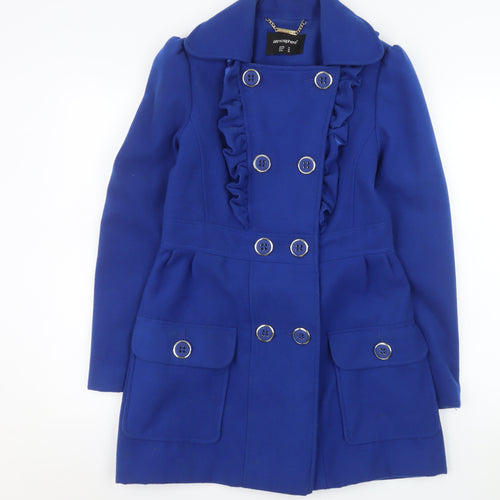 Atmosphere Women's Blue Ruffle Button Coat Size 10 Double-Breasted