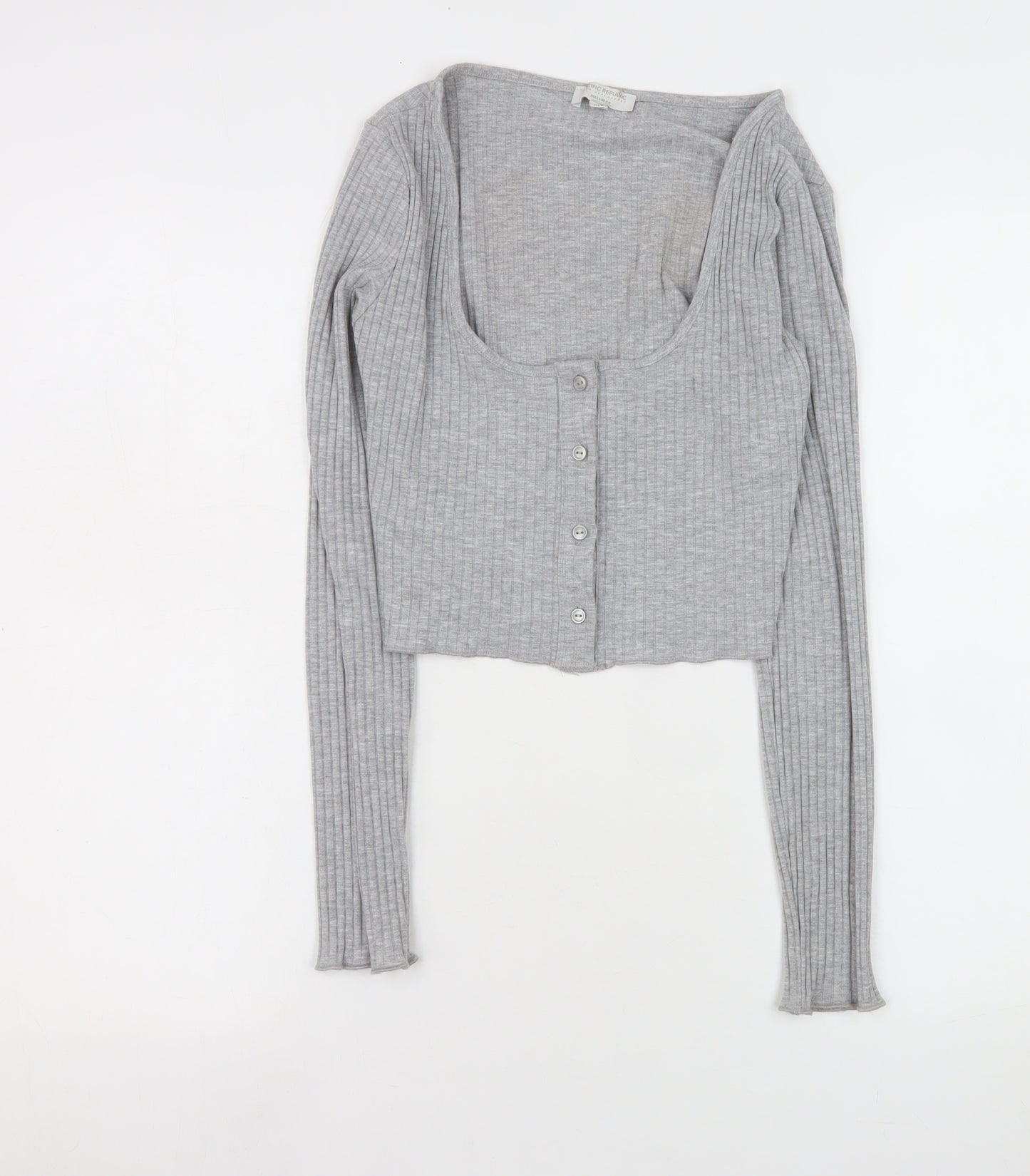 Pull&Bear Women Grey Cropped Ribbed Button-Up Long Sleeve Top Size 12