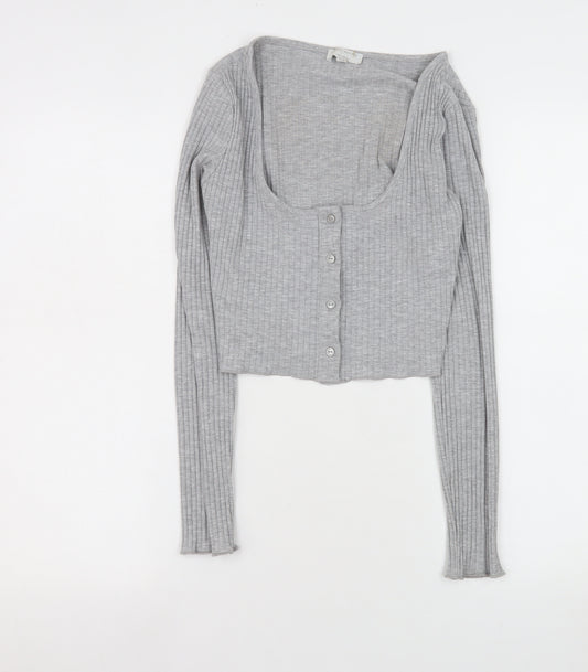 Pull&Bear Women Grey Cropped Ribbed Button-Up Long Sleeve Top Size 12