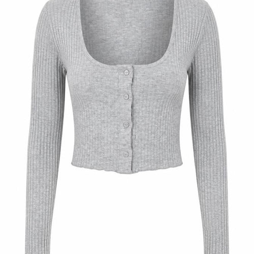 Pull&Bear Women Grey Cropped Ribbed Button-Up Long Sleeve Top Size 12