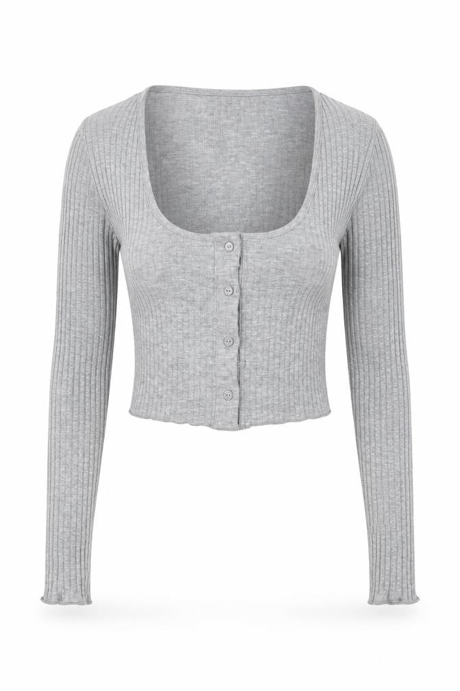 Pull&Bear Women Grey Cropped Ribbed Button-Up Long Sleeve Top Size 12