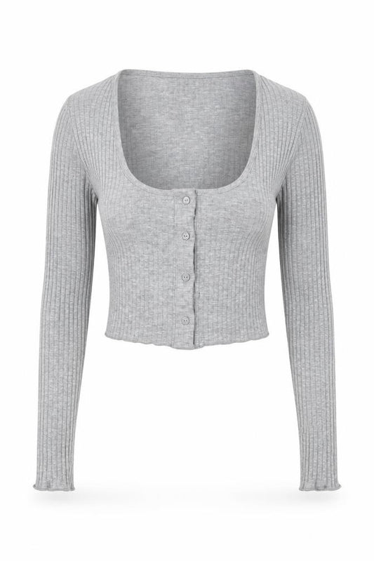 Front view of Pull&Bear Women Grey Cropped Ribbed Button-Up Long Sleeve Top, size 12