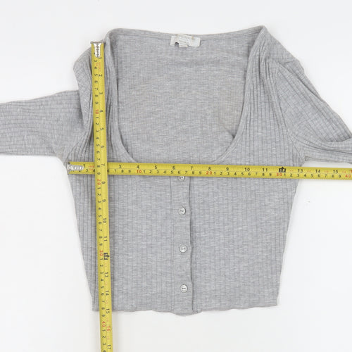 Pull&Bear Women Grey Cropped Ribbed Button-Up Long Sleeve Top Size 12