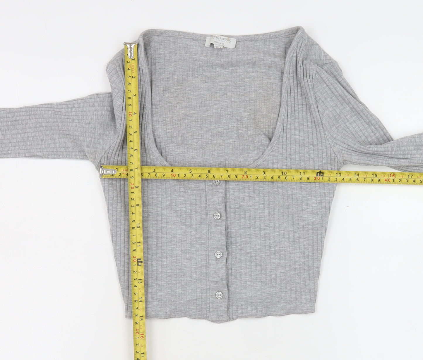 Pull&Bear Women Grey Cropped Ribbed Button-Up Long Sleeve Top Size 12