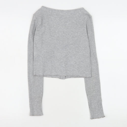 Pull&Bear Women Grey Cropped Ribbed Button-Up Long Sleeve Top Size 12