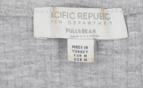 Pull&Bear Women Grey Cropped Ribbed Button-Up Long Sleeve Top Size 12