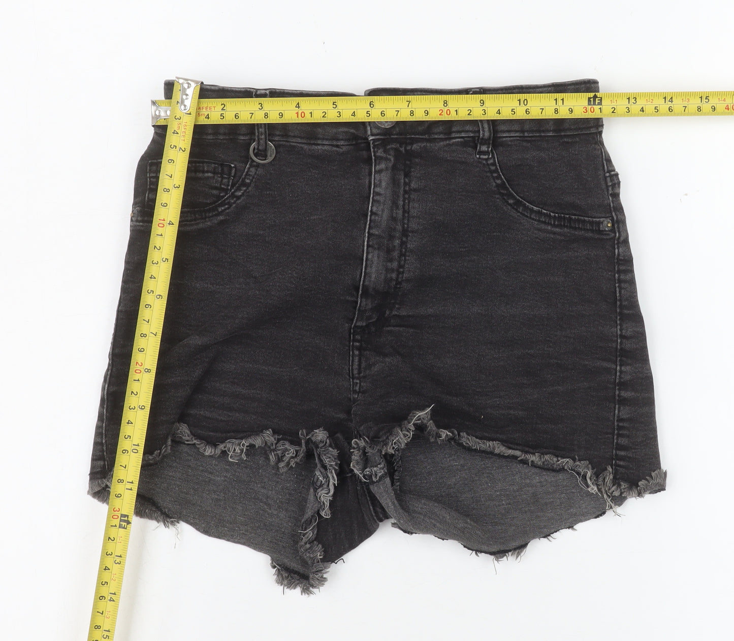Bershka Women Black Size 8 High-Waisted Cut-Off Denim Shorts