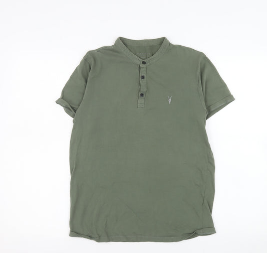 AllSaints Men's Green Small Regular Fit Brace SS Henley Polo Shirt