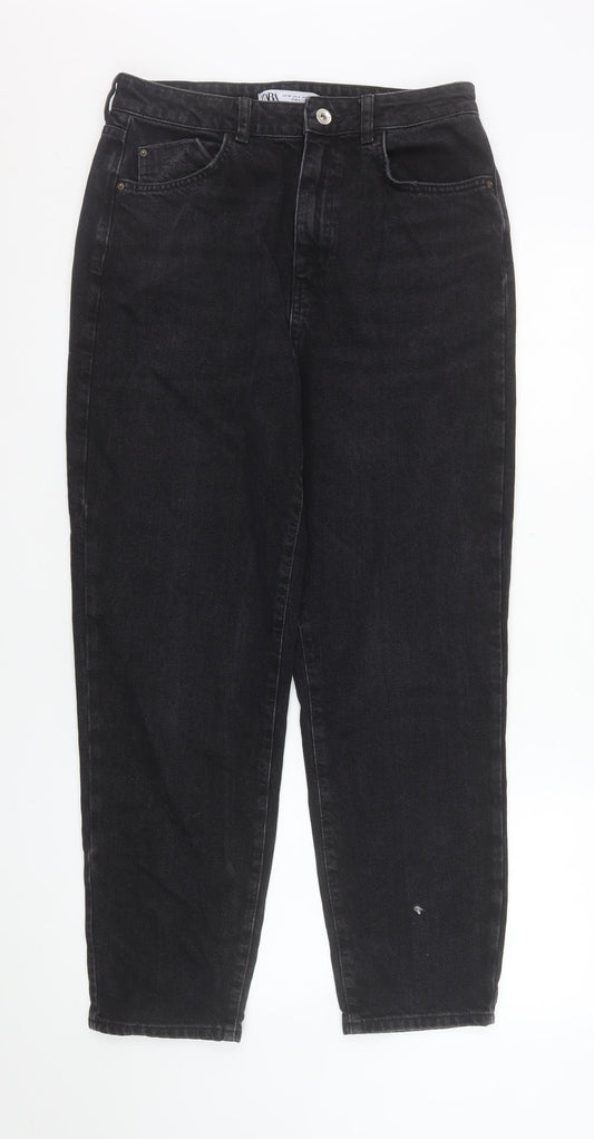 ZARA Women Black Mom Jeans Size 12 High Rise Cotton Denim